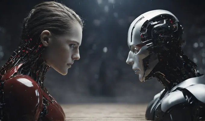Human facing an AI robot