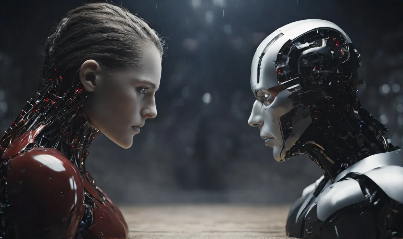 Human facing an AI robot