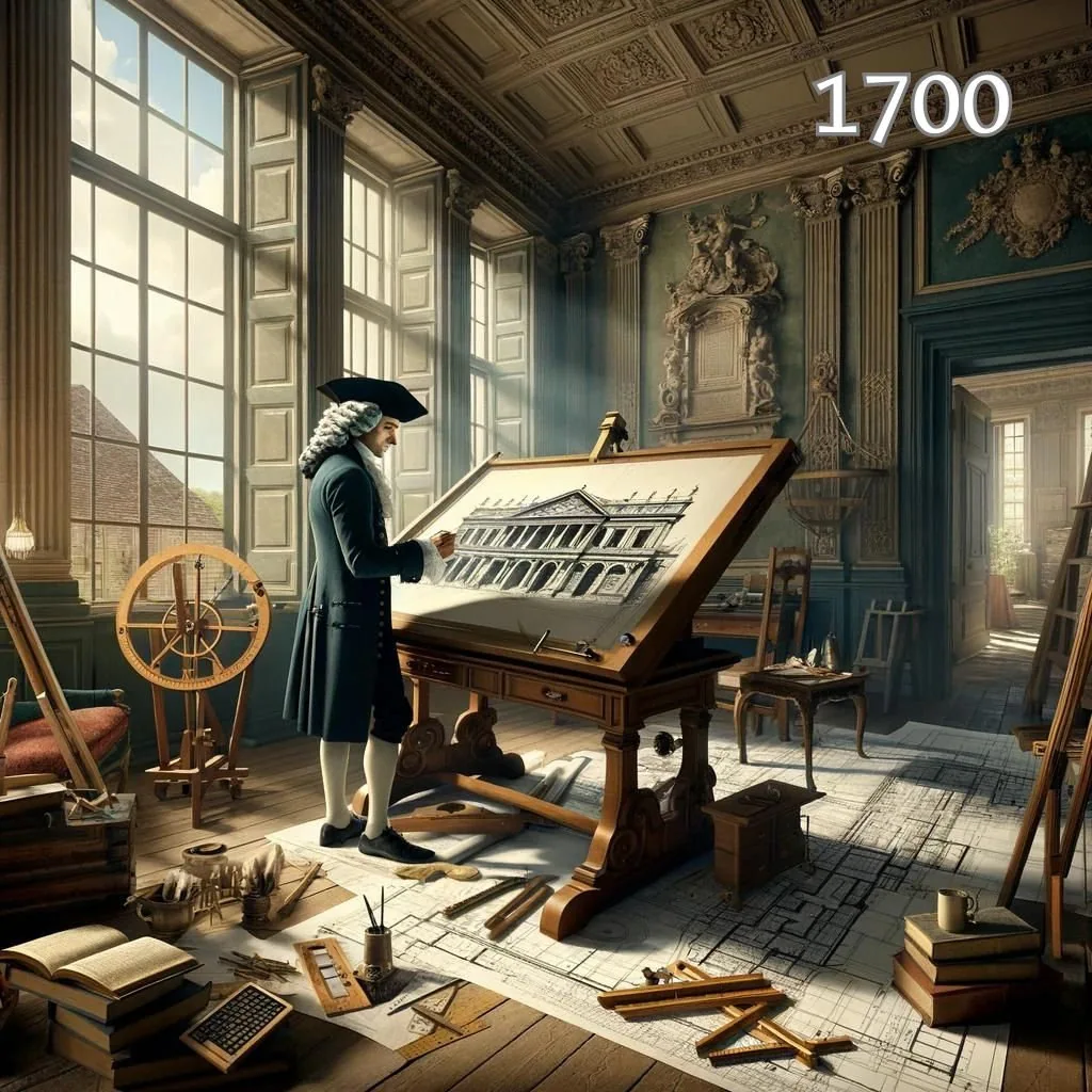 image of an architect working on a personal design project in the 1700 era