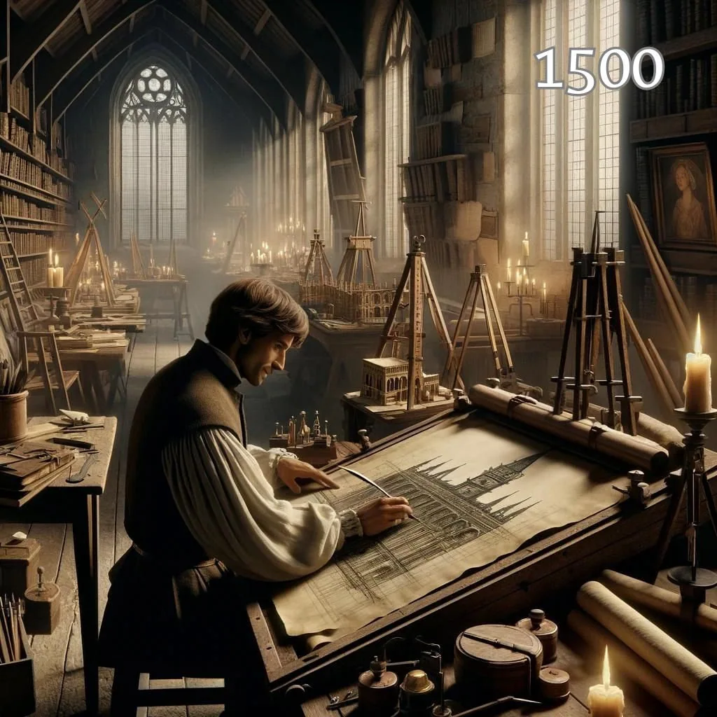 image of an architect working on a personal design project in the 1500 era