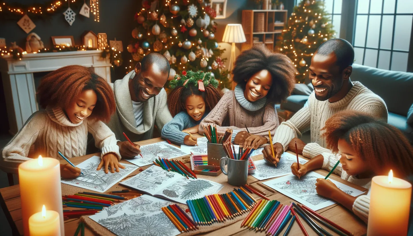 family coloring during the christmas holiday