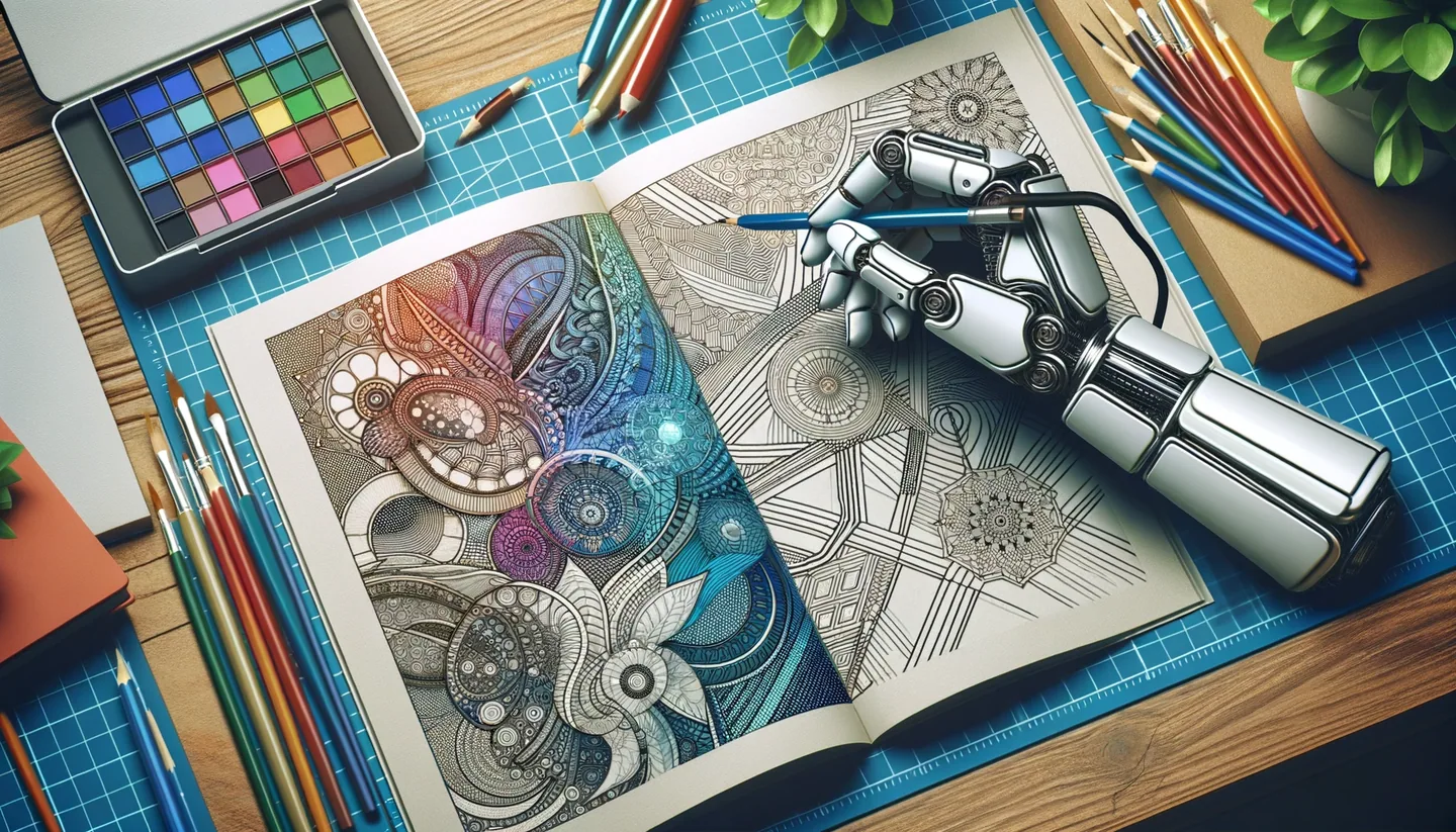 image of AI robot hand and a coloring book