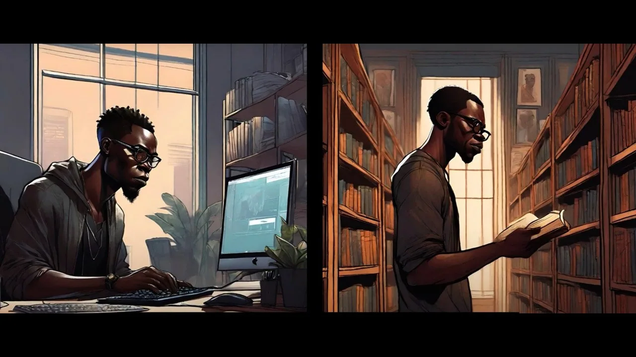a man studying in the library, and working on his computer