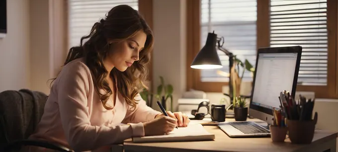 A lady working at her desk using AI to brainstorm 