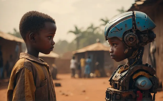 image of an african child and a robot AI 