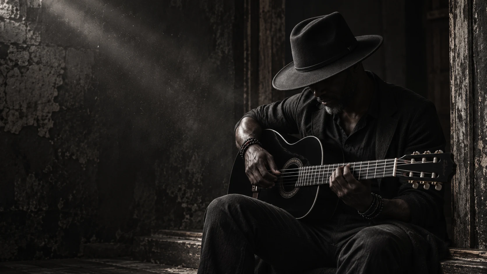 AI-created portrait of Daemeon in a black hat, playing a black classical guitar in a weathered doorway