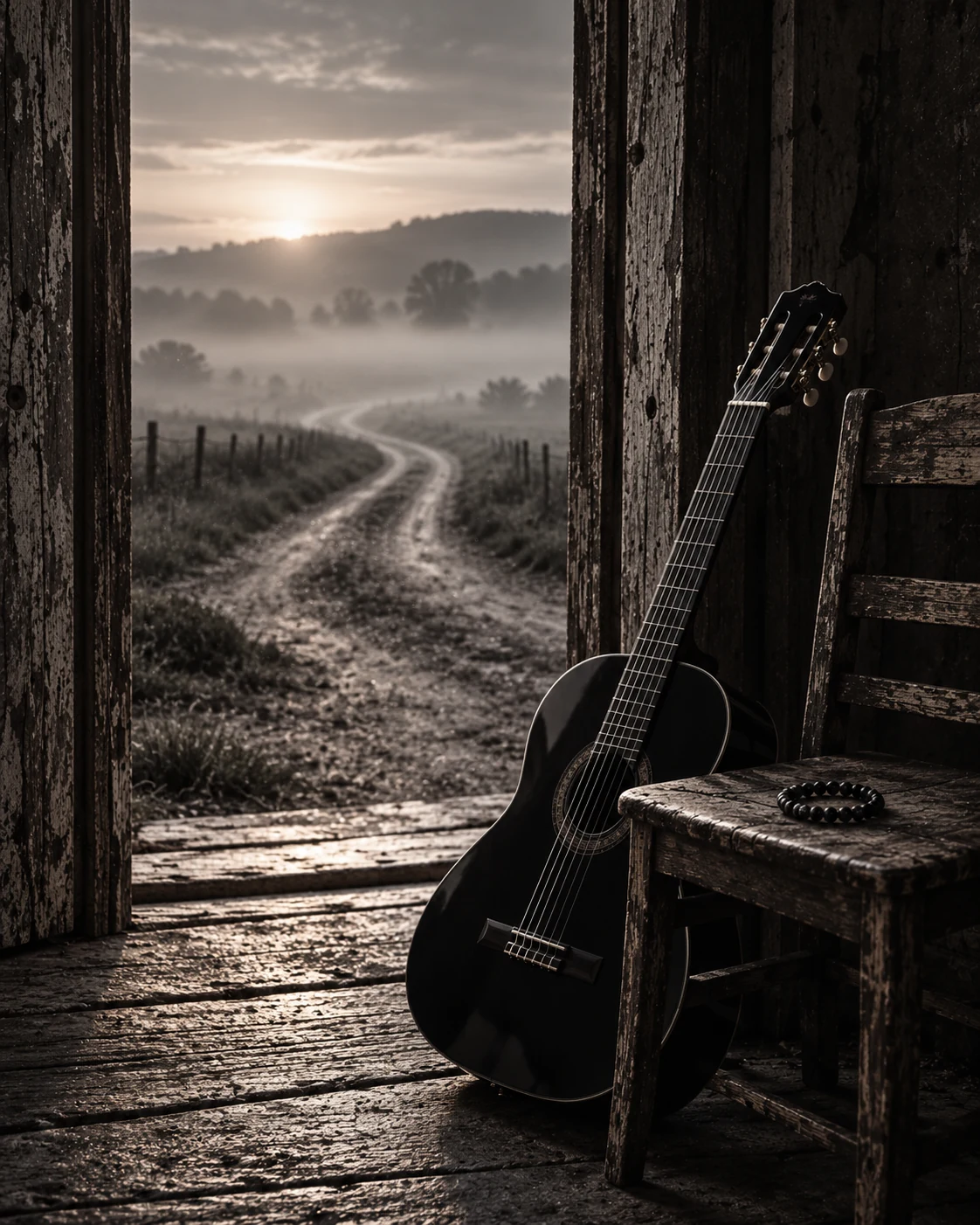 AI-created scene of an empty wooden chair and black guitar beside a doorway opening onto a misty road