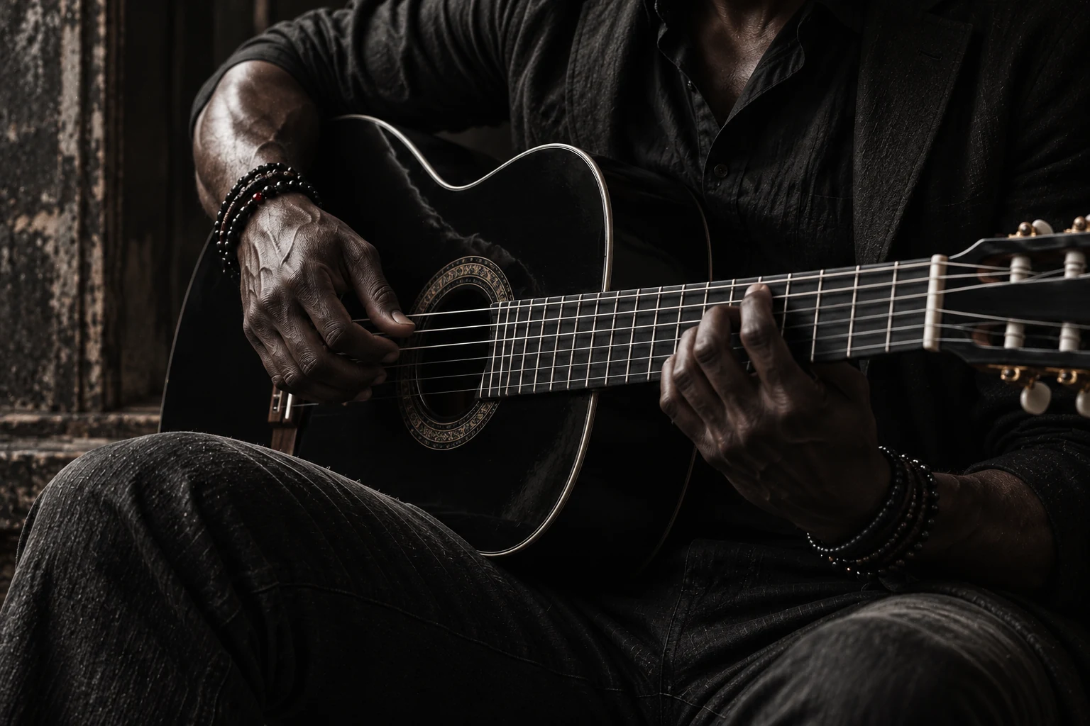 AI-created detail of Valerie, Daemeon’s black classical guitar, with dark hands, black beads and leather wristbands