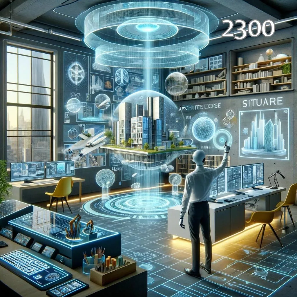 image of an architect working on a personal design project in the 2300 era