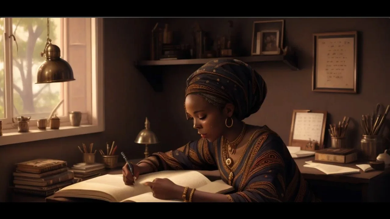 a lady writing in a book