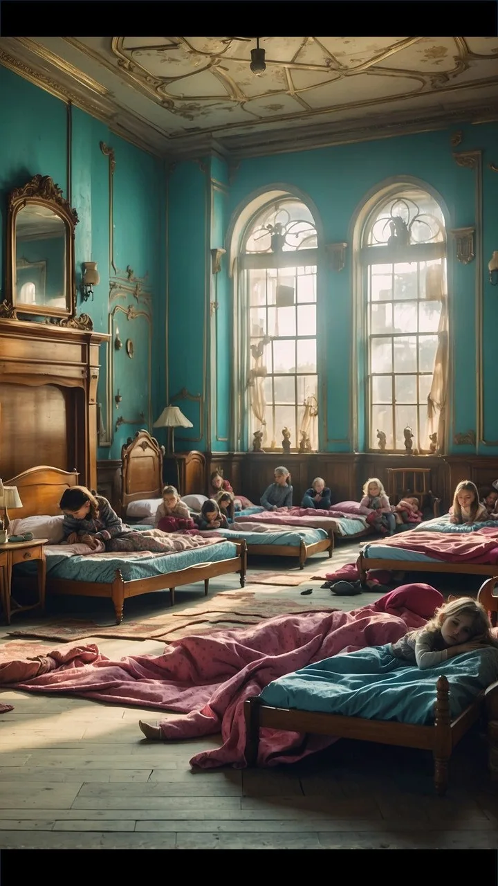 Hope's End Orphanage room with kids on the beds and floor