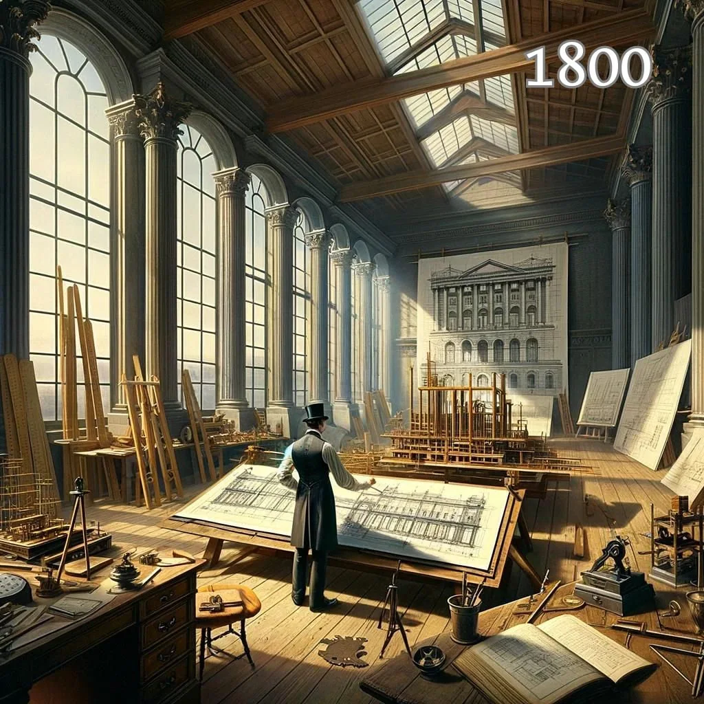 image of an architect working on a personal design project in the 1800 era